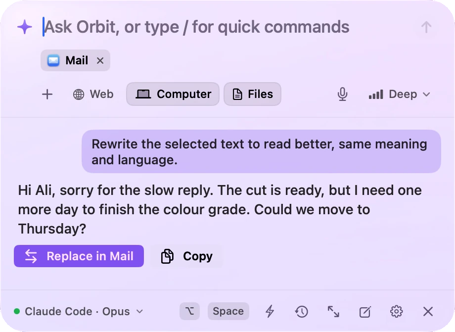 The rewritten text with a Replace in Mail button