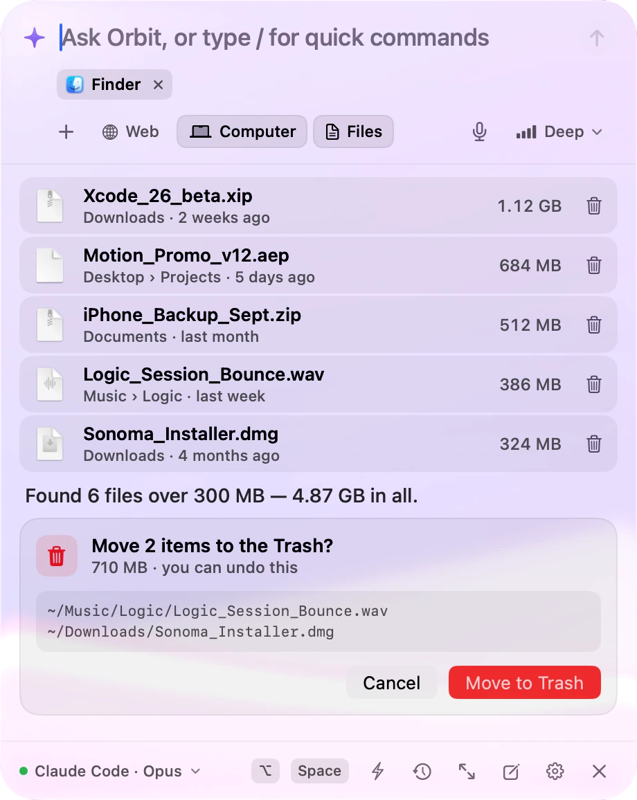 A confirm card before moving two files to the Trash